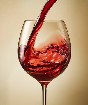 Red wine is poured into a clear glass, showcasing the fluid dynamics as it fills, creating ripples and splashes, highlighting the vibrant color and texture of the liquid
