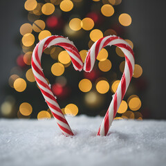 Candy Cane Heart in Snow with Christmas Tree Bokeh