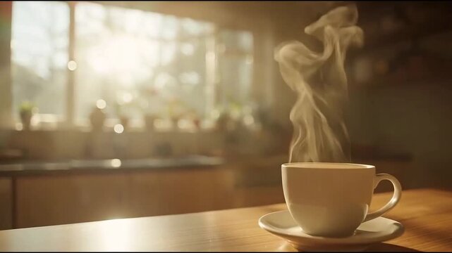 Cinematic shot of hot coffee cup with steam rising on wooden table in a cozy kitchen interior during beautiful morning sunlight, peaceful daily routine and warm atmosphere lifestyle video