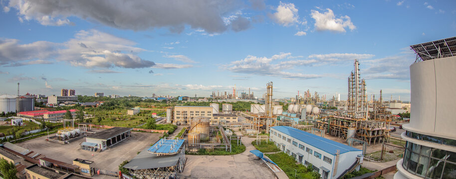 Jiujiang, China - July 20, 2025 : The industrial area of Sinopec Jiujiang Company under a clear sky with blue skies and white clouds.