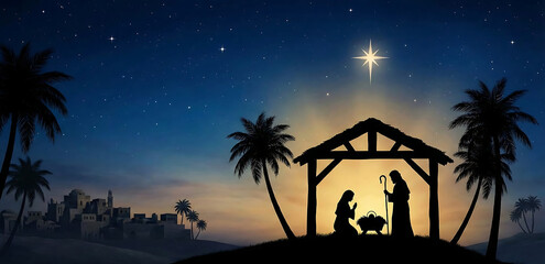 Nativity Scene with Star of Bethlehem at Twilight