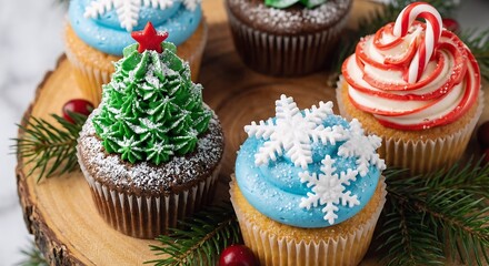Christmas Cupcakes with Festive Frosting and Holiday Decor