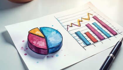 Watercolor sketch style pie chart and line graph on a simple paper with soft shadow