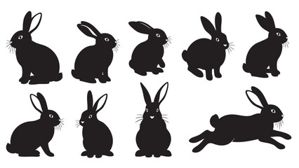 Collection of Silhouetted Bunny Illustrations Featuring Various Poses and Sleeping Bunny on Transparent Background