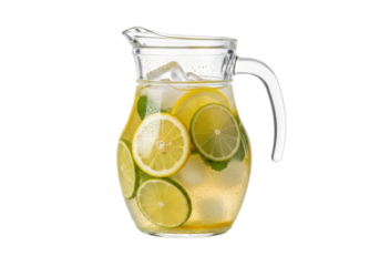 Photorealistic glass pitcher filled with icy pale yellow lemonade, citrus slices, and mint sprigs, condensation dripping, isolated on a glossy white studio background. Concept for cold refreshment