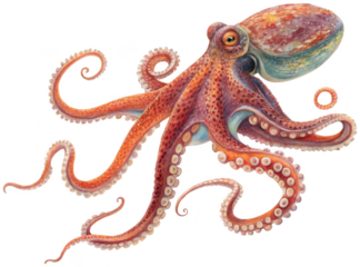 A remarkably detailed and textured brown octopus with prominent suckers on its eight arms is dynamically posed with limbs outstretched and curled, showcasing its, isolated on transparent background.