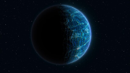 Obraz premium Abstract realistic space spinning planet round sphere with a blue water surface in space