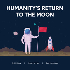 Astronaut standing on moon with flag and rocket in space © Design