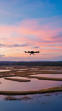 Electric vertical takeoff and landing aircraft flying over marshland at sunset