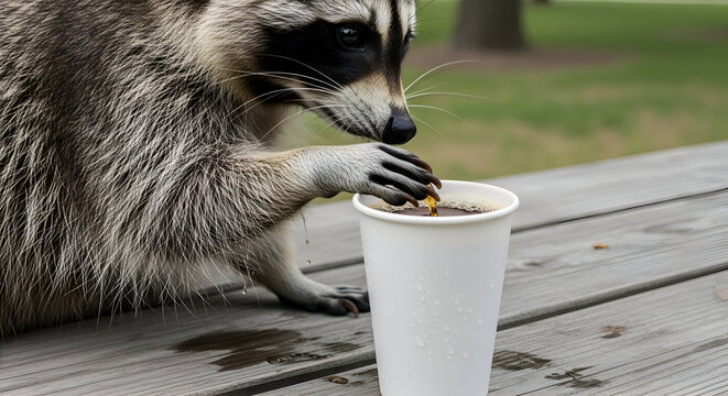 Adorable raccoon curiously dipping its paw into a coffee cup, a unique and humorous wildlife moment perfect for lighthearted campaigns or nature content