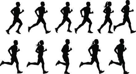 Obraz premium Running people silhouette sequence showing men and women jogging motion fitness training endurance speed concept isolated