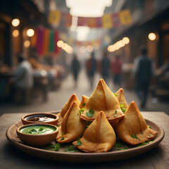 Samosas with Chutneys in Festive Street Market Setting