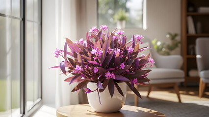 Purple Heart Plant in a White Pot on a Wooden Table.