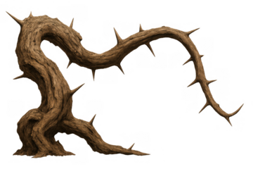 Twisted thorny branch with sharp spikes creating a dangerous obstacle, representing struggle, pain, and difficulty on transparent background