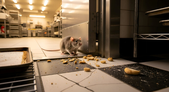 Unexpected visitor rodent in commercial kitchen with scattered crumbs - pest control awareness, sanitation issues, food safety concerns, restaurant inspection