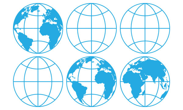 Tix blue line globe with continents and grids on transparent background