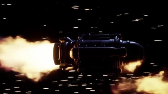 A close-up view of rocket engines firing, illuminating a dark, industrial structure