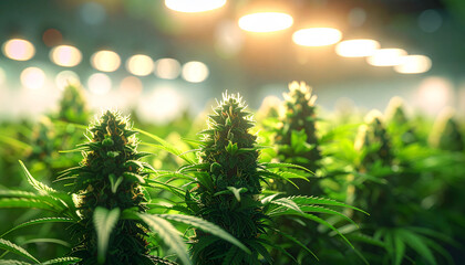 Marijuana research breakthrough in indoor cultivation shows healthy green cannabis plants under bright lights with scientific progress