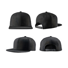 A set of black baseball caps and blank clothing templates designed for fashion, sport, or military uniform headwear illustration