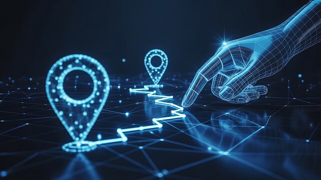 Futuristic navigation concept with glowing blue hand and map pin icons - Powered by Adobe