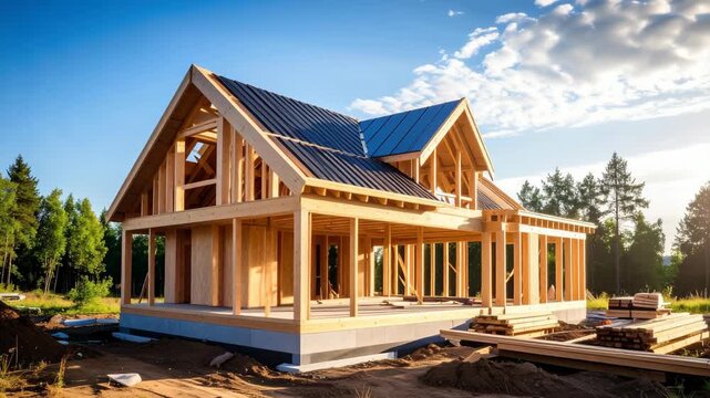 Construction of a wooden house frame against a backdrop of green trees and a clear blue sky on a sunny day.