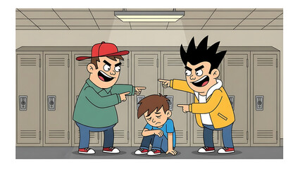 Depicting the harsh reality of school bullying, this cartoon shows two boys taunting a dejected peer in a hallway, illustrating the significant impact of peer pressure and social exclusion on youth