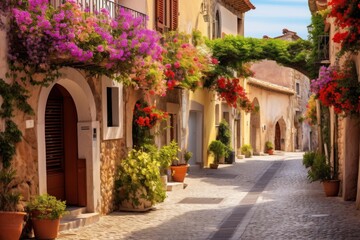 Fototapeta premium Picturesque alley adorned with vibrant flowers and rustic architecture