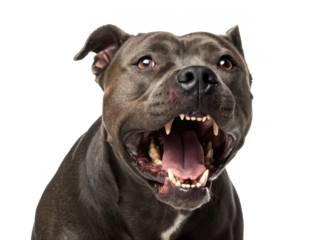 Intimidating, muscular American Staffordshire Terrier with a short, sleek dark gray coat, displaying an aggressive open-mouth snarl with prominent canine teeth,, isolated on transparent background.