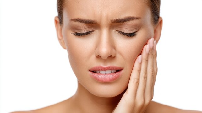 A woman stands against a white background, clenching her jaw in discomfort. Her facial expression reveals the pain she feels in her teeth, emphasizing the struggle of dealing with dental issues