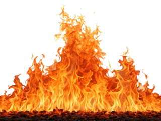 Intense, vibrant orange and yellow flames erupting from a bed of dark embers and charred wood, digitally created with a realistic texture and dynamic movement,, isolated on transparent background.