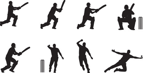 Obraz premium Silhouettes of Cricket Players in Action during a Match A Dynamic Collection of Sports Illustrations