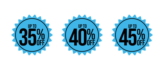 Winter sale up to 35 40 45 percent off, Seasonal Discount Collection, Retail Store Super Offer and Online Marketplace Best Price Deal. Blue Starburst Labels Isolated on Transparent Background