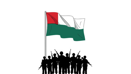 Vector illustration showing the silhouettes of a group of armed soldiers in front of a waving United Arab Emirates (UAE) flag.
