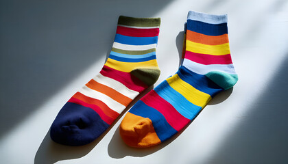 pair of colorful socks lying on a bright surface