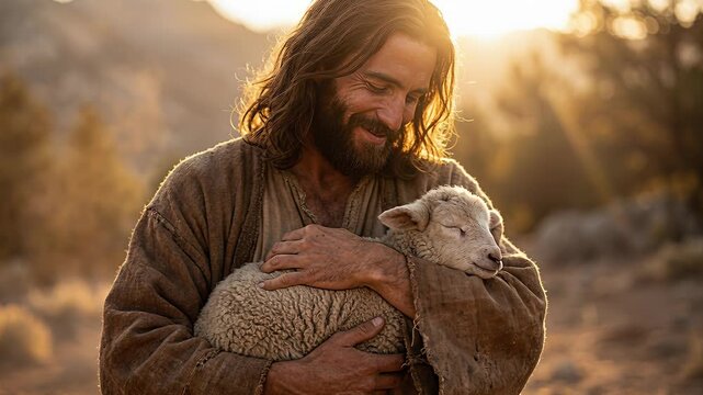 AI-generated video of smiling Shepherd Jesus Christ  gently hugging, stroking, and holding a lost lamb in his arms during a peaceful sunset. A concept of faith and the Christian religion.