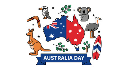 A festive vector collection celebrating Australia Day. Featuring the Australian map with flag colors, surrounded by iconic symbols including a kangaroo, koala, kookaburra, emu, boomerang, surfboard