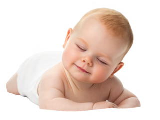 Adorable, cherubic infant with fair skin and light blonde hair lies peacefully on a soft, white blanket, exhibiting a gentle, closed-eyed smile and rosy cheeks, isolated on transparent background.