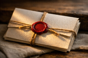 Vintage Envelope Bundle Tied With Twine And Red Wax Seal On Rustic Fabric