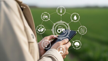 Person holding smartphone with agricultural on transparent screen hand