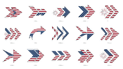Set of american flag arrows in various designs and styles for patriotic themes