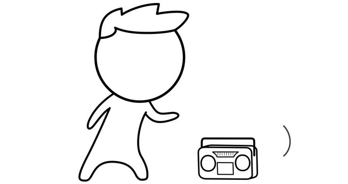 A boy is listening to music on a tape recorder and tapping his foot