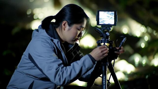 Asian woman adjusts camera monitor on tripod in outdoor environment with bokeh background. Uses filming