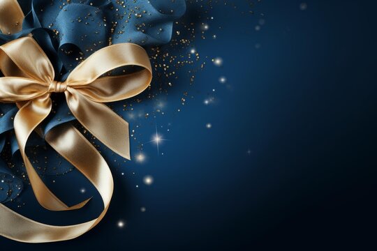 Golden bow and blue silk fabric with glitter creating a festive holiday background - Powered by Adobe