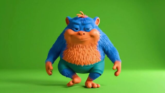 Funny blue and orange furry monster character performing various playful poses against a vibrant green screen background