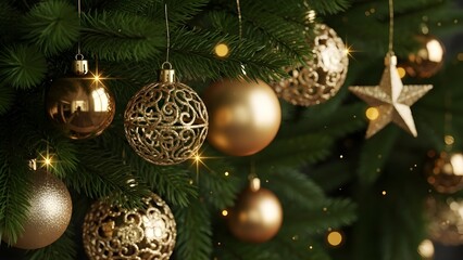 Elegant Pale Christmas Ornaments Hanging Against a Colorful Bokeh and Light Background