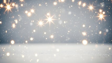 Elegant Bright Winter Background with Star-Shaped Lights, Snow, and Copy Space Floor