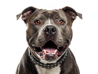 Muscular, gray and white American Staffordshire Terrier with a broad head and intense amber eyes, wearing a studded black leather collar, is captured in a, isolated on transparent background.