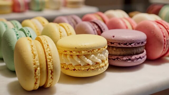 Close up of colorful pastel macarons arranged neatly on display