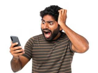 A strikingly expressive young man with dark curly hair and a neatly trimmed beard, wearing a striped olive-green t-shirt, displays a dramatic reaction of shock, isolated on transparent background.
