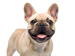 Adorable fawn and white French Bulldog with large bat-like ears and wrinkled face is cheerfully gazing forward with an open mouth displaying a pink tongue,, isolated on transparent background.